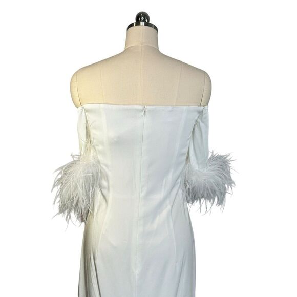 Mac Duggal 11441 White Feather Trim Off The Shoulder Column Gown | Size 10 - Picture 9 of 13